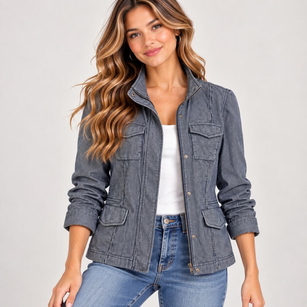 Talbots Railroad Striped Utility Jackets Womens Size 10 NWOT Cotton Casual Denim